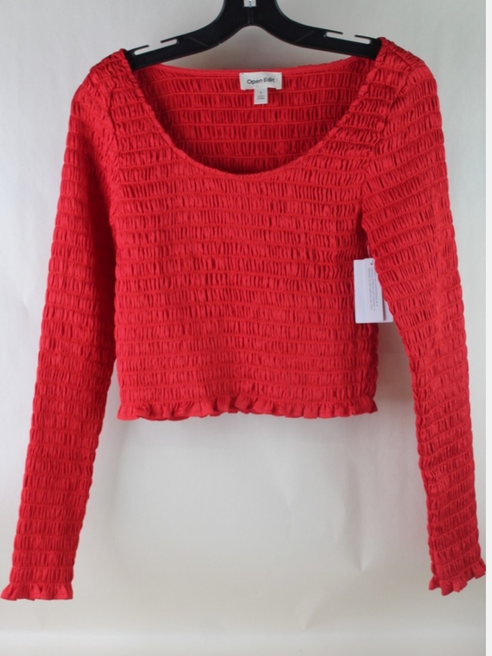 Open Edit Smocked Long-Sleeve Cropped Blouse in Red, Cherry Red, NWT